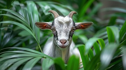 Wall Mural -    a goat in a lush green field surrounded by tall plants in the background