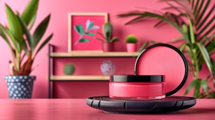 Wall Mural -  A pink room features a round table with a potted plant and a container having a black lid In the room's corner, there's another potted plant