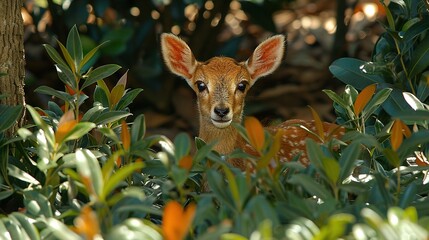 Wall Mural -   A close-up of a small deer in a field of grass and trees with a blurred background of leaves