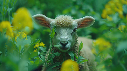 Wall Mural -   A sharp photo of a sheep amidst flowery fields with a clear portrait of its face