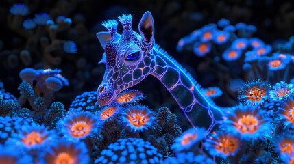 Wall Mural -   Close-up of a giraffe's head amidst vibrant coral fields and illuminated by blue and orange lights