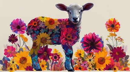   A neutral-colored background painting of a sheep standing amidst a field of vibrant wildflowers and daisies