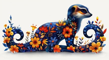   A painting of a blue animal adorned with orange and yellow flowers perches against a white canvas