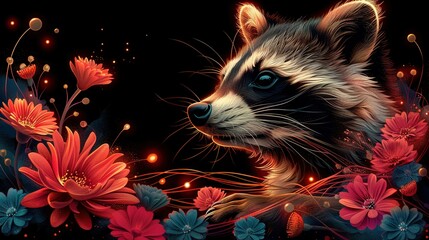 Wall Mural -   A painting of a raccoon surrounded by vibrant flowers against a dark backdrop