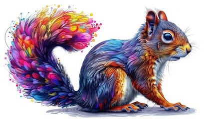 Wall Mural -   A vibrant squirrel with feathery legs perches before a white backdrop