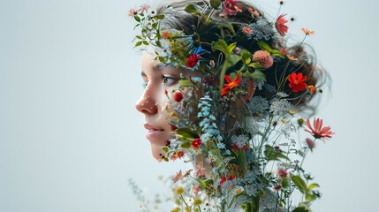 Sticker -   An image of a woman's face surrounded by flowers and greenery