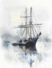 Poster - Landscape oil painting features battleship sail boat in the sea ocean, moody vintage classic wall art, background, wallpaper 