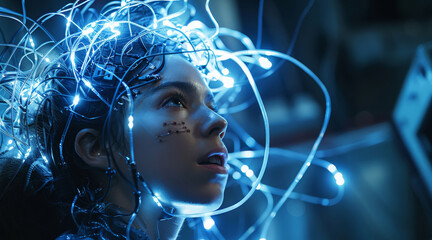 Leinwandbilder - A woman is connected to many wires and LED lights, with her head tilted back in an eerie atmosphere. The background features dark blue lighting and futuristic technology. Generative AI.