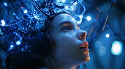 Leinwandbilder - A woman is connected to many wires and LED lights, with her head tilted back in an eerie atmosphere. The background features dark blue lighting and futuristic technology. Generative AI.