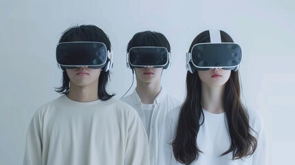 Poster - Young Japanese men and women wearing VR goggles, white background. Generative AI.