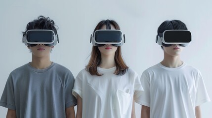 Poster - Young Japanese men and women wearing VR goggles, white background. Generative AI.