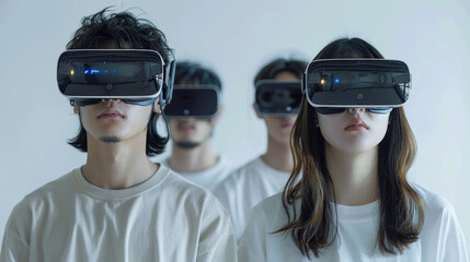 Poster - Young Japanese men and women wearing VR goggles, white background. Generative AI.