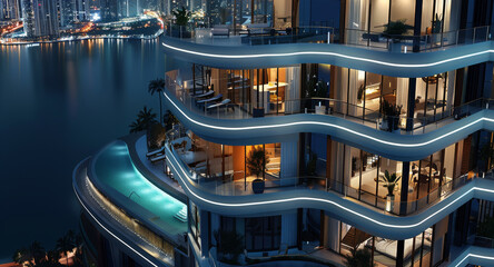 Poster - A high rise building balcony with a pool at night time. Top view angle of the architectural rendering, a modern style architecture. Generative AI.