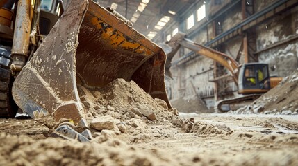 Close-up of a bulldozer's large bucket filled with sand, construction equipment focus, raw industrial setting