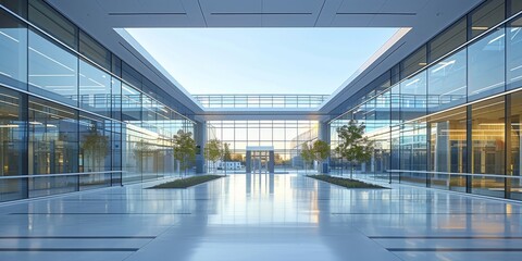 The ground floor of a hospital building from outside on a white sky day, continuous glass curtain wall, with no mullions. Generative AI.