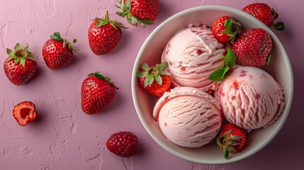 Wall Mural -  Three scoops of ice cream with strawberries against a pink backdrop, viewed from above, atop a pink surface in a bowl, adorned with a few strawberries