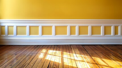 Wall Mural -  A room featuring a wooden floor and a yellow wall, with no instances of mold present