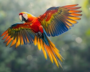 Wall Mural - Brilliant Macaw in Flight Amid Lush Rainforest Canopy Showcasing the Vibrant Beauty of Tropical Wildlife