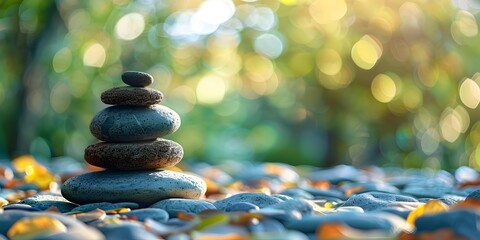 Canvas Print - Peaceful Stacked Stones Arrangement in Natural Garden Setting with Blurred Foliage Background Concept of Mindfulness and Spiritual Wellness