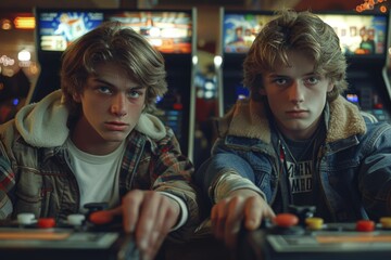 Two friends intensely play video games on a retro console in an arcade. Their serious expressions reflect their competitive spirit and deep immersion in the game.