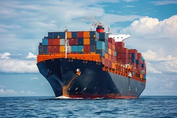 A cargo ship transporting containers at sea