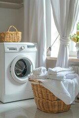 A white washing machine with clothes, placed either in the kitchen or laundry room