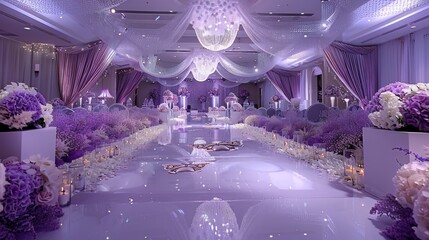 Wall Mural - A large wedding hall decorated in purple and silver, with purple flowers and exquisite lace decorations on the aisles. There is also purple crystal. Generative AI.