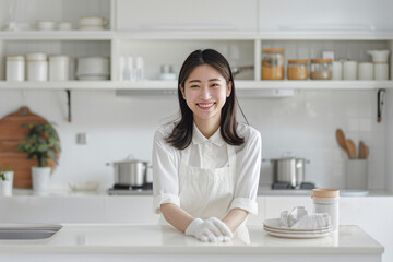 A young Japanese woman cleaning the kitchen counter in a white minimalist modern home interior, smiling and looking at the camera with copy space on the right side. In the style of a Japanese house