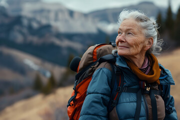 The energy of the elderly is walking in the picturesque mountain landscape with confidence. Represents an active lifestyle