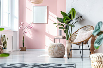 Beautiful interior design composition in minimalist fashion with pink tones, minimal furniture and copyspace for text.