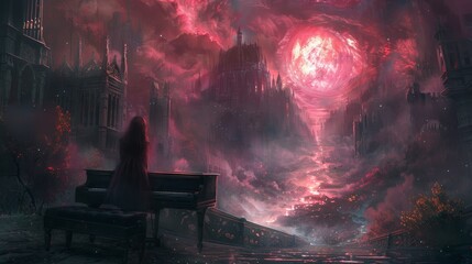 Canvas Print - a woman is sitting on a piano in a dark, mysterious landscape