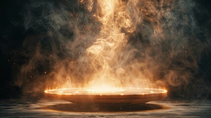 Canvas Print - A large, glowing circle of smoke is rising from a dark background