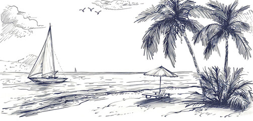 Wall Mural - Sea beach with palm tree sketch, umbrella and sailboat monochrome art. Summer scene