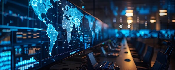 Wall Mural - Cybersecurity Monitoring Global Threats in Real Time Amidst Evolving Digital Landscape and Interconnected Challenges
