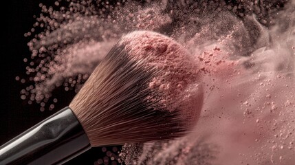 Wall Mural -  A tight shot of a pink-powdered make-up brush against a black backdrop Pink powder specks atop and underside of the brush