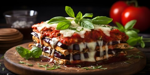 Wall Mural - Italian Cuisine: Eggplant and Zucchini Lasagna Served on a Rustic Wooden Board. Concept Italian Cuisine, Eggplant, Zucchini, Lasagna, Rustic Wooden Board
