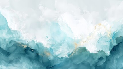 Wall Mural -  A painting of blue and white waves against a white and blue background Below the waves, a gold foil design runs along the wave's base and the painting's bottom