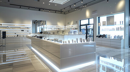 Poster - Show acrylic solid surface display counters in a modern retail store, featuring sleek, seamless designs and polished finish. Generative AI.