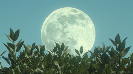 Wall Mural -  View of a full moon surrounded by tree leaves against a blue sky with scattered clouds in the top moon hemisphere