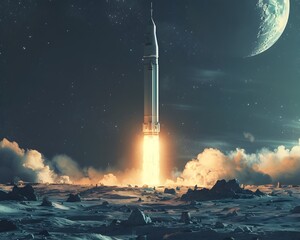 Wall Mural - inaugural liftoff of next spacecraft from lunar base heralding new era of space
