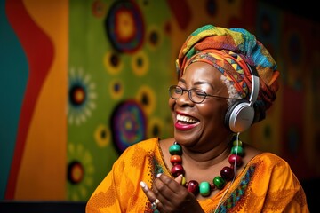 An elderly black woman in an African style, dressed in a traditional African dress and listening to music on a mobile phone app with headphones. the concept of the party