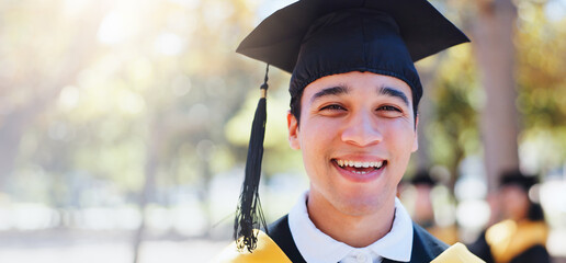 Wall Mural - Happy man, portrait and graduation with hat in nature for outdoor ceremony, scholarship or qualification. Young male person, student or graduate with smile for education, higher certificate or banner