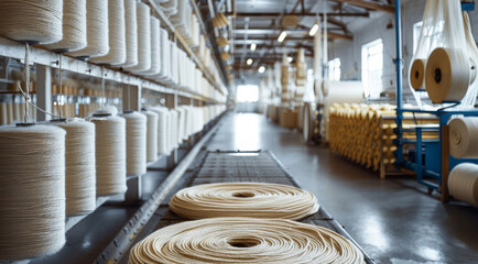 Poster - A modern natural fiber Thread factory. Generative AI.