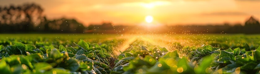Poster - sustainable smart agricultural field with efficient irrigation system at sunset or sunrise