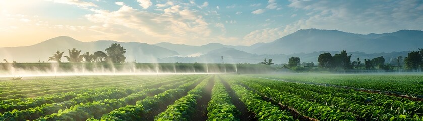 Poster - innovative smart irrigation system in lush agricultural landscape at sunrise or sunset