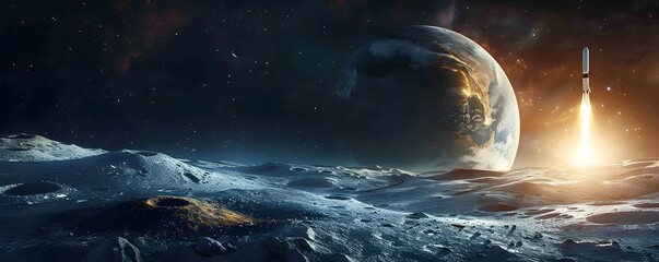 Wall Mural - conceptual design of a futuristic space hotel with views of earth and the moon amidst starry skies a