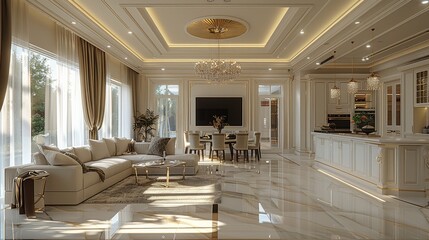 Poster - Large classical living area with dining space and a large counter open kitchen. Generative AI.