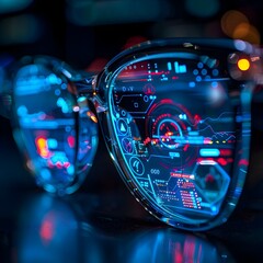 Poster - Smart eyeglasses displaying health data and notifications in futuristic digital interface concept