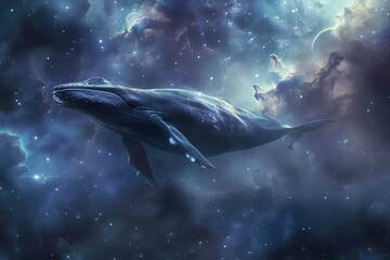 Whale in space. enchanting illustration of a cosmic marine giant navigating through the cosmos