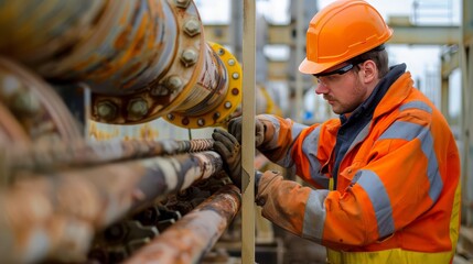 Poster - An engineer inspects a section of oil pipeline, ensuring its integrity and functionality for uninterrupted flow